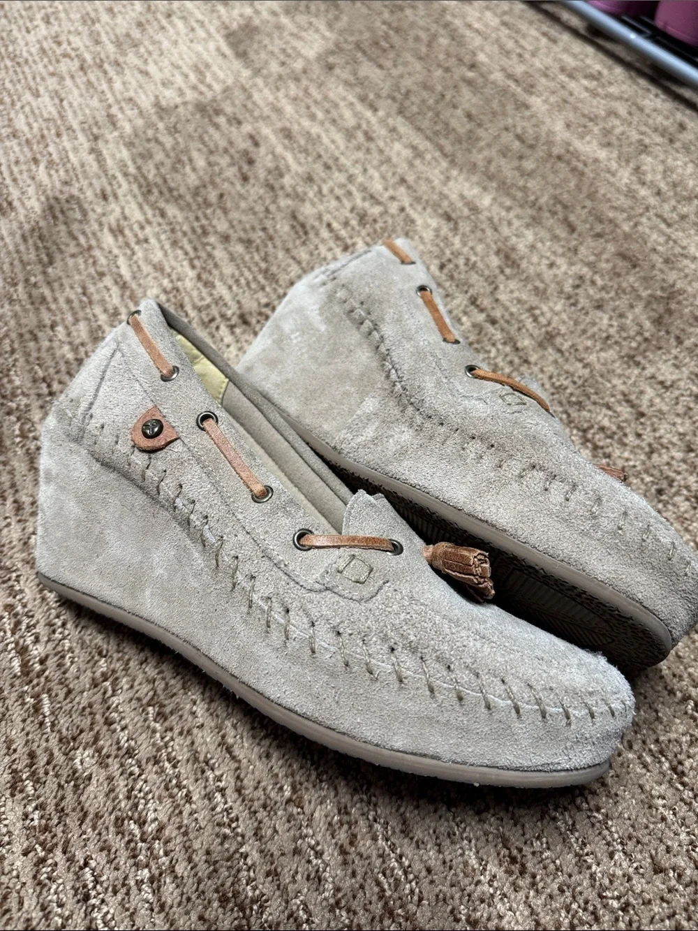 Women's Suede Tassel Wedge Loafers in Light Taupe